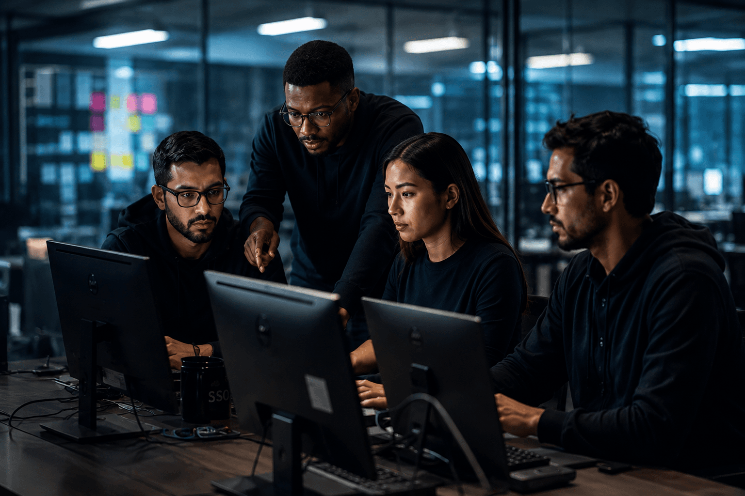 SSO development team reviewing code together on their monitors